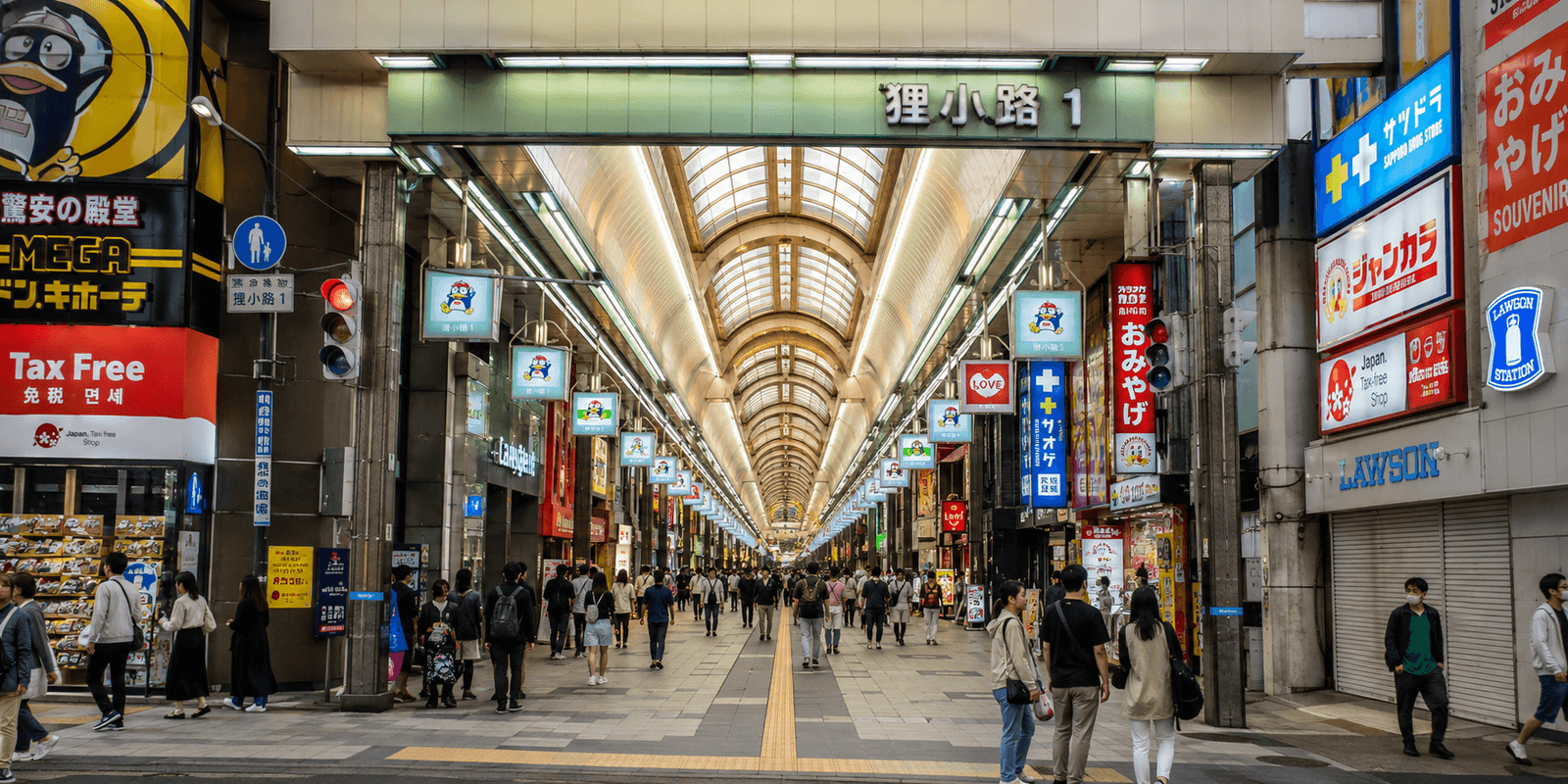 Covered shopping arcade lined with shops at Tanukikoji Shopping Street in downtown Sapporo
