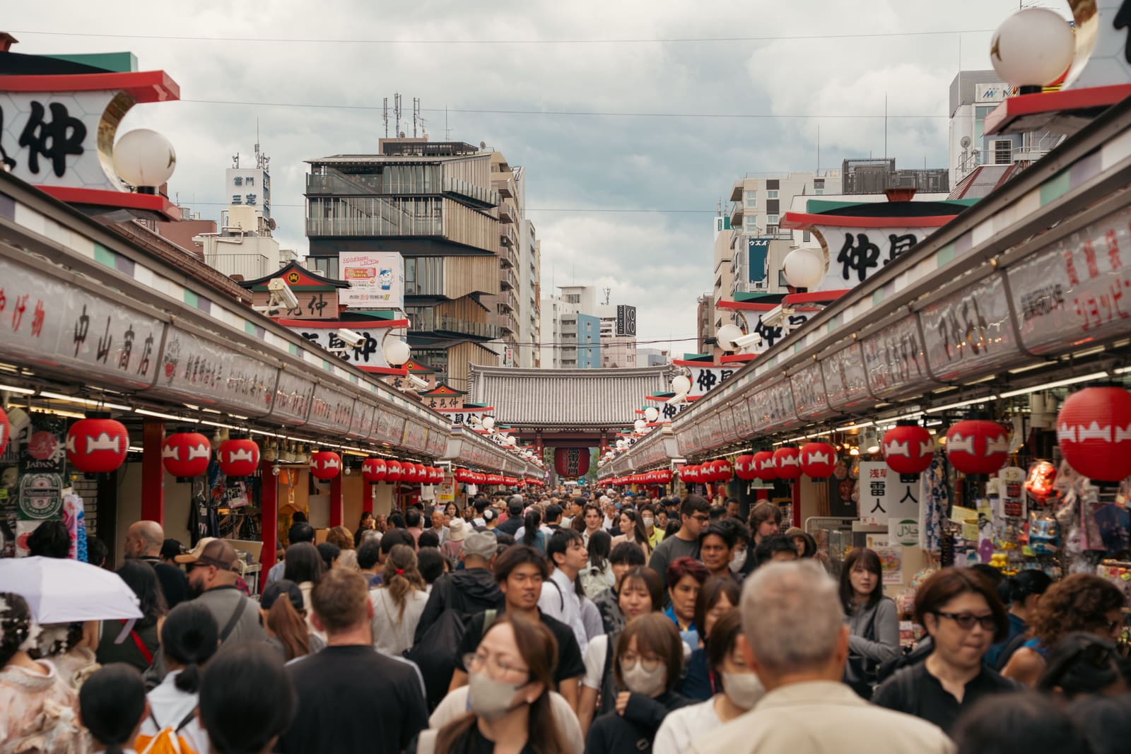Nakamise Shopping Street lined with traditional stalls leading to Senso-ji Temple in Asakusa