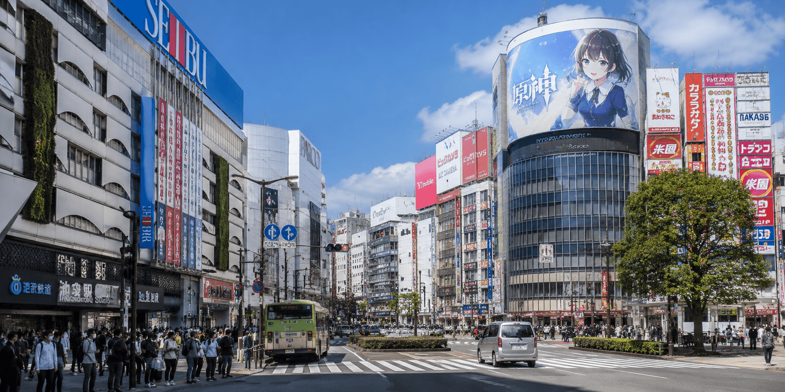 Ikebukuro's East Exit shopping street with the SEIBU and PARCO department stores and a large digital anime advertisement lighting the intersection, Toshima, Tokyo, Japan