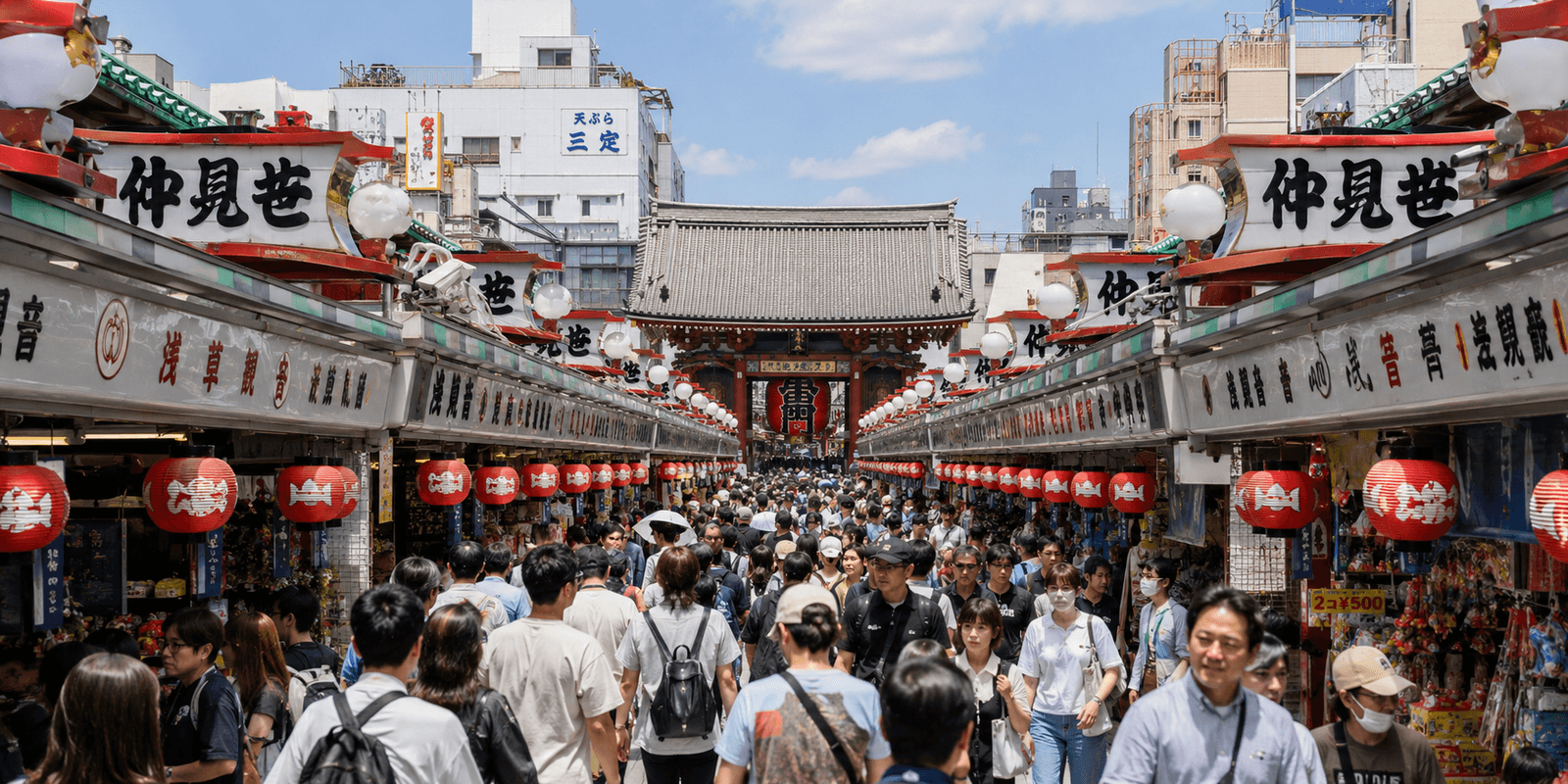 Nakamise Shopping Street's lantern-lined stalls leading toward Senso-ji's Hozomon Gate, Asakusa, Tokyo, Japan