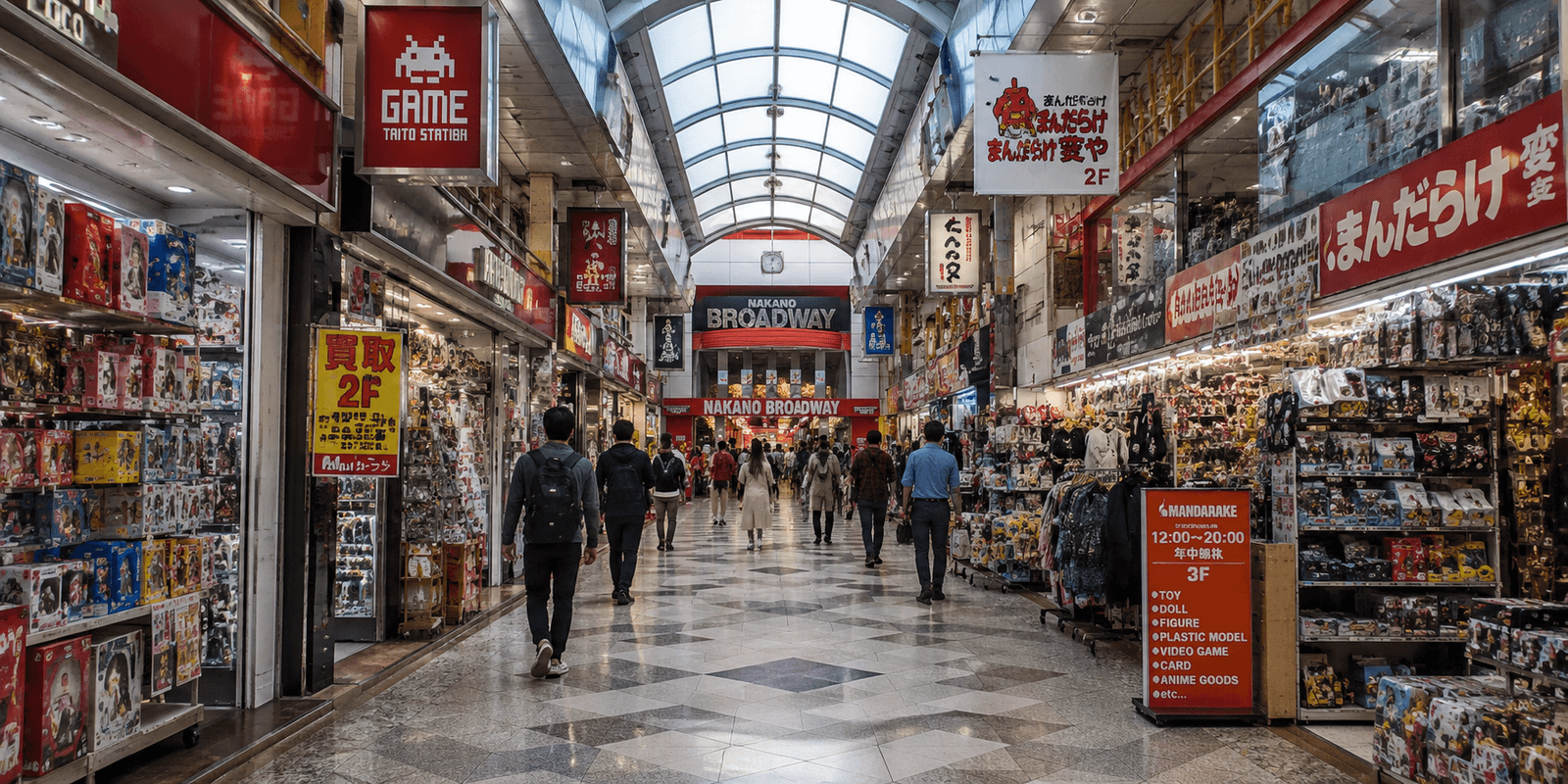 Nakano Broadway's covered interior shopping corridor, with the illuminated NAKANO BROADWAY signage, a Mandarake storefront, and an arcade shop lining the aisle, Nakano, Tokyo, Japan