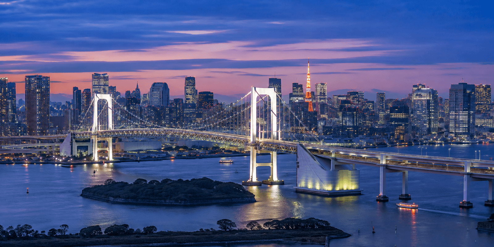 Rainbow Bridge illuminated at dusk over Tokyo Bay with the Tokyo Tower skyline behind it, Japan