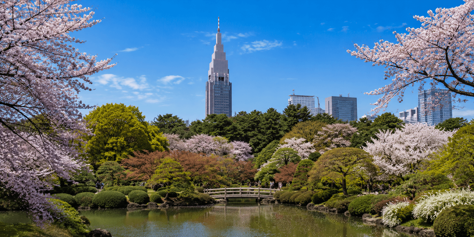Shinjuku Gyoen National Garden - wide lawns, tree-lined pathways, and landscaped gardens in Shinjuku, Tokyo, Japan