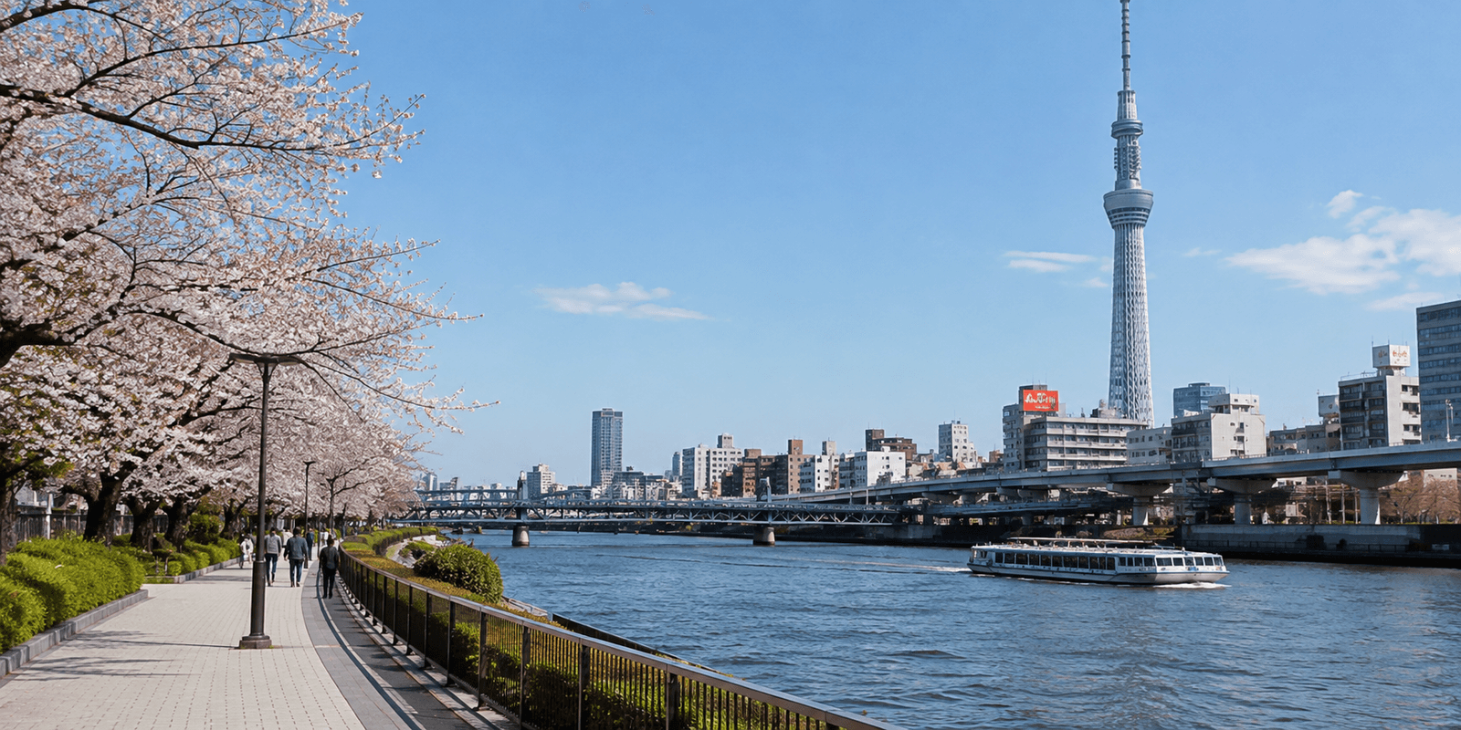 Cherry blossoms along the Sumida River with Tokyo Skytree in the background, Sumida Park, Asakusa, Tokyo, Japan