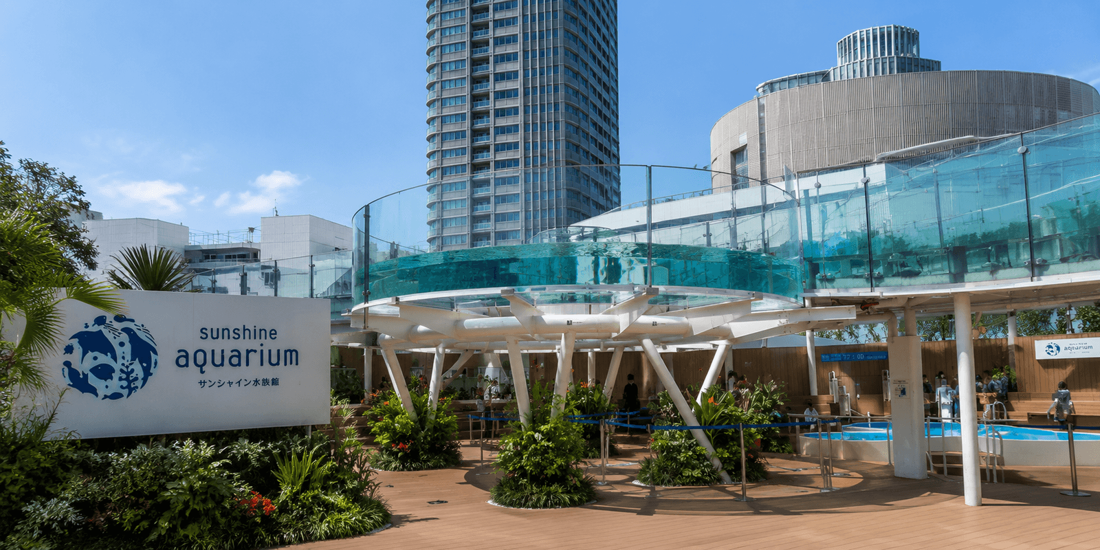 Rooftop Sunshine Aqua Ring tank at Sunshine Aquarium in Ikebukuro, Tokyo, Japan, with penguins swimming overhead against the skyline