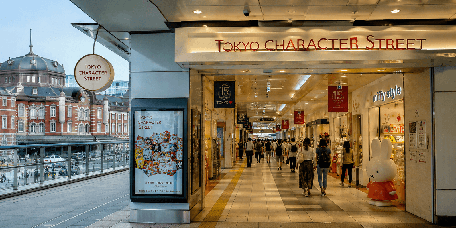 Shop-lined corridor of Tokyo Character Street inside Tokyo Station, with a Miffy store display and Tokyo Station's Marunouchi building visible through the window