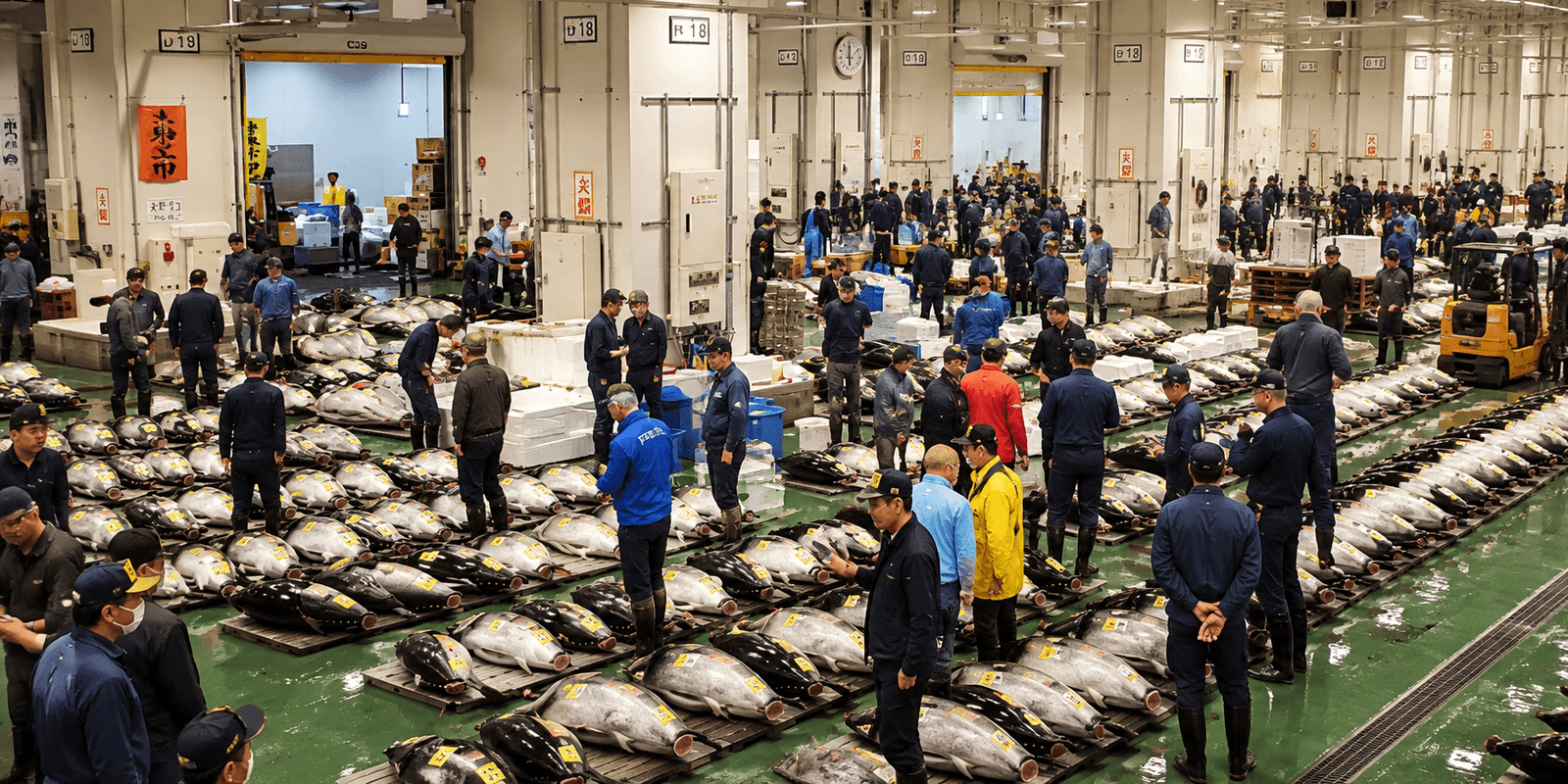 Toyosu Market fisheries wholesale building with the tuna auction viewing corridor, Koto, Tokyo, Japan