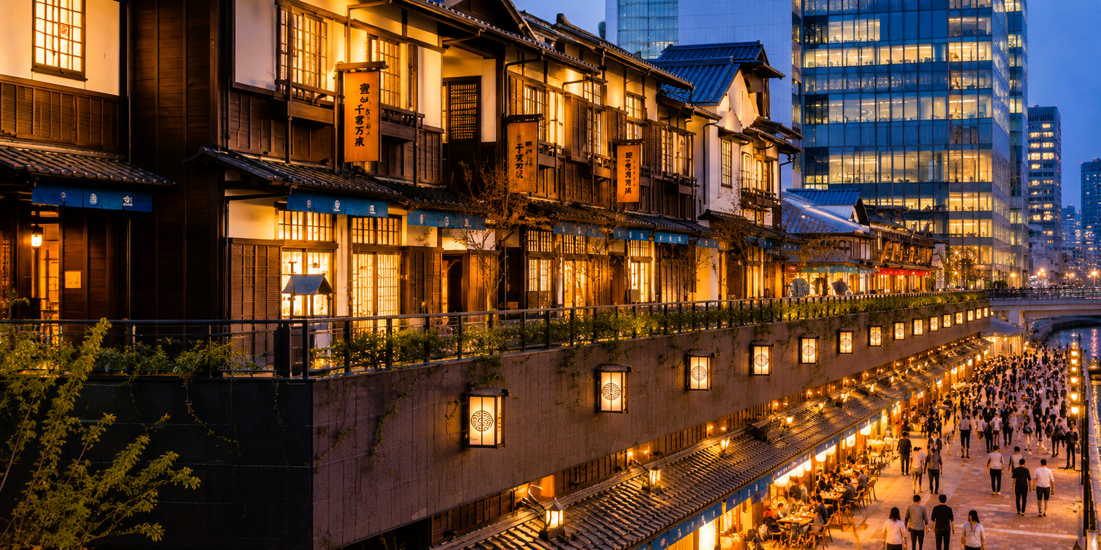 Toyosu Senkyaku Banrai's Edo-themed open-air market street with traditional storefronts, Toyosu, Tokyo, Japan
