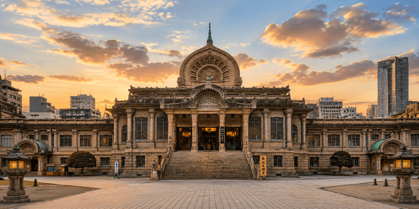 Tsukiji Hongwanji Temple's stone Buddhist temple facade with Indian-influenced architecture and a broad stairway, Tsukiji, Tokyo, Japan