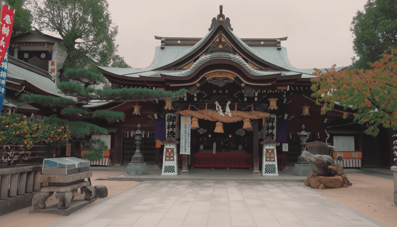 Kushida Shrine traditional gate and grounds in Hakata