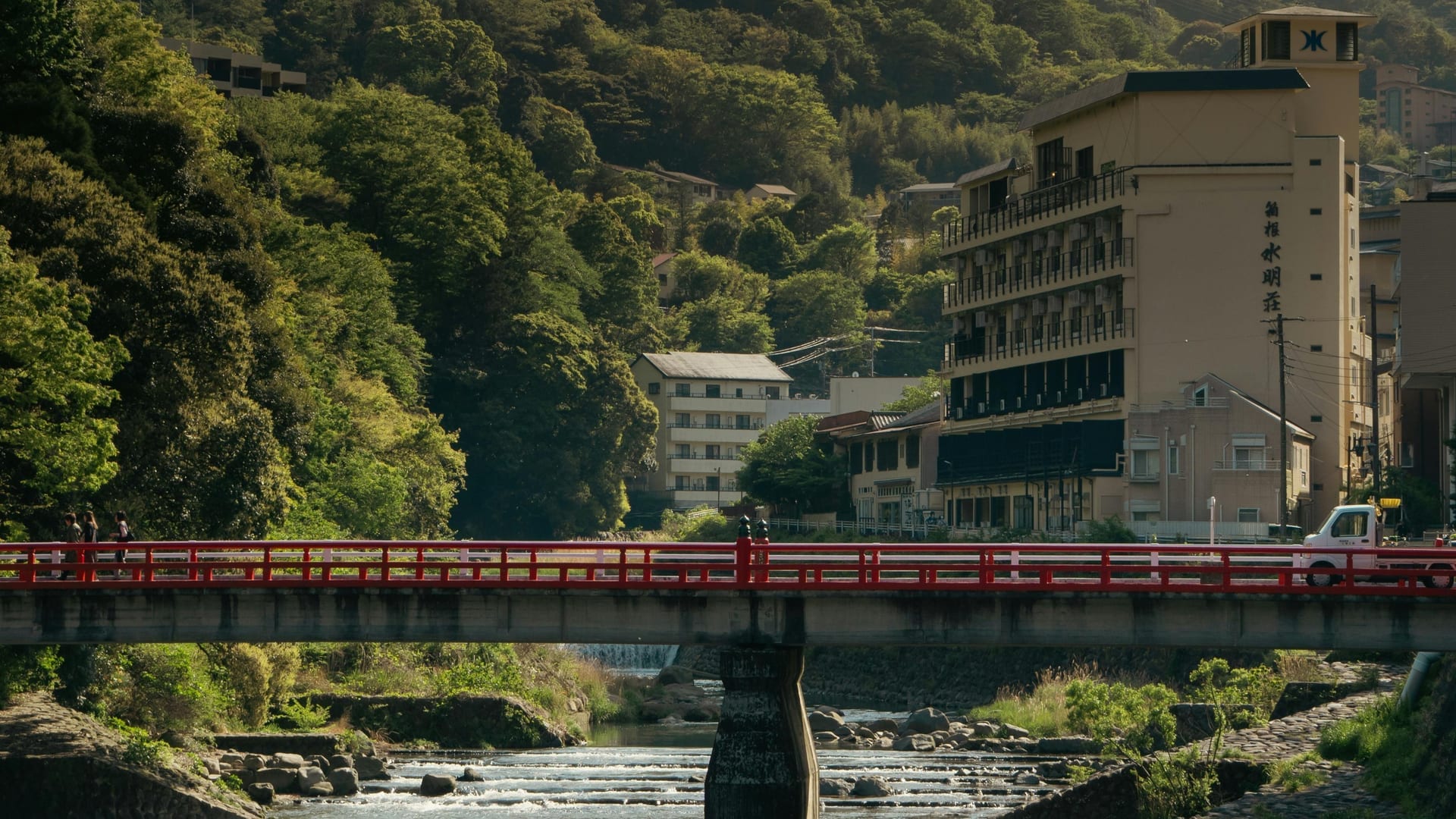 Outdoor onsen hot spring bath surrounded by forest Hakone Japan