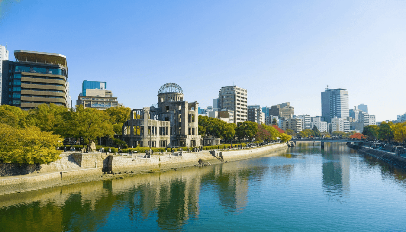 A-Bomb Dome and Hiroshima cityscape viewed from across the river on a clear sunny day, Japan