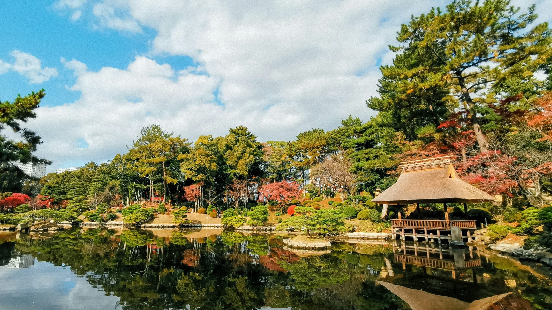 Shukkeien Garden pond with traditional thatched pavilion and autumn foliage reflected in still water, Hiroshima Japan