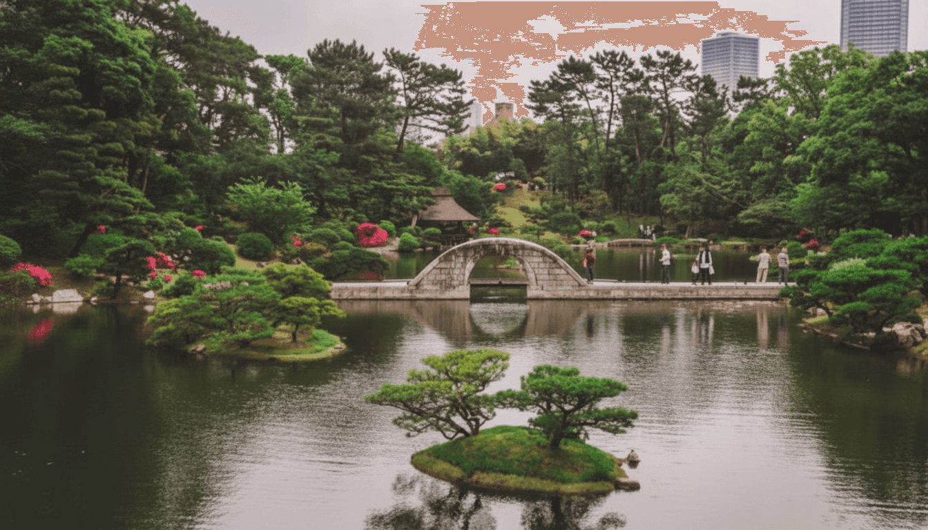 Shukkeien Garden stone arch bridge over the lake with small pine-covered island and overcast sky, Hiroshima Japan