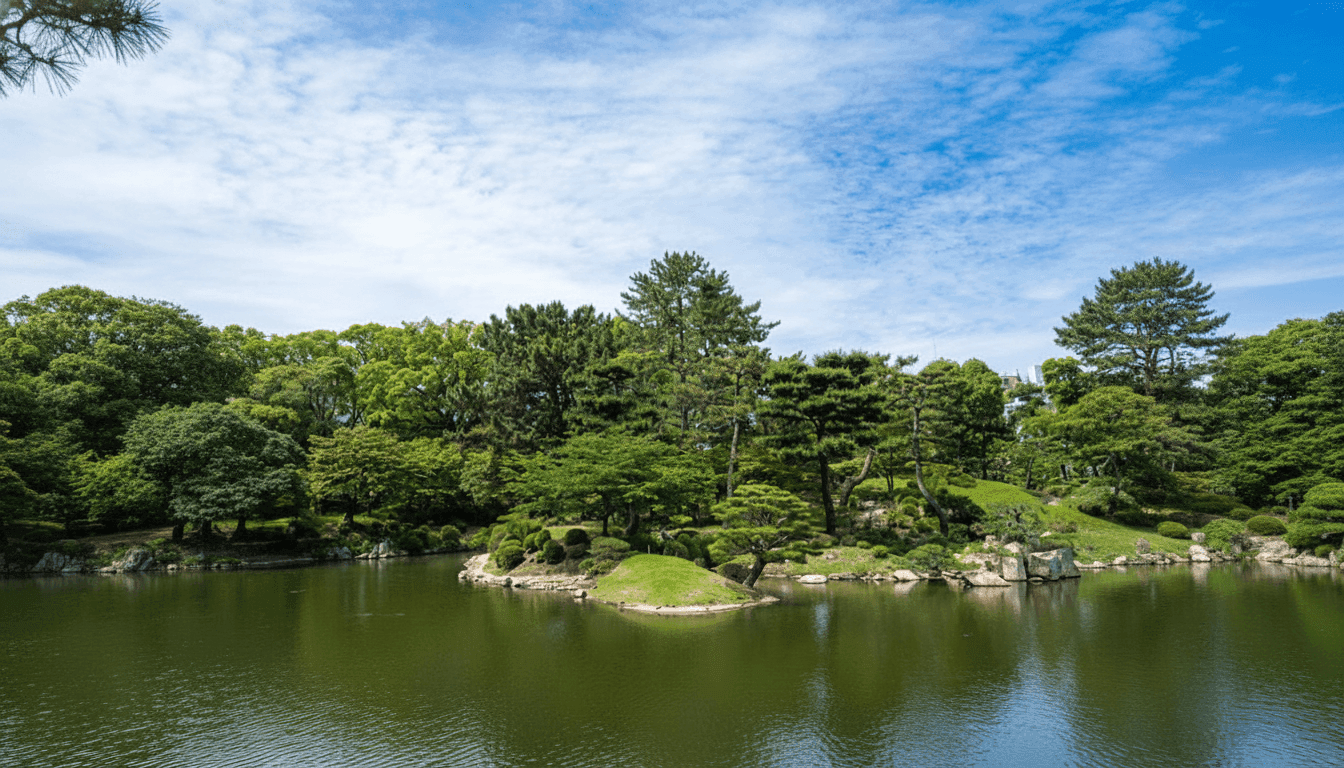 Shukkeien Garden wide lake view with forested island and clear summer sky, Hiroshima Japan