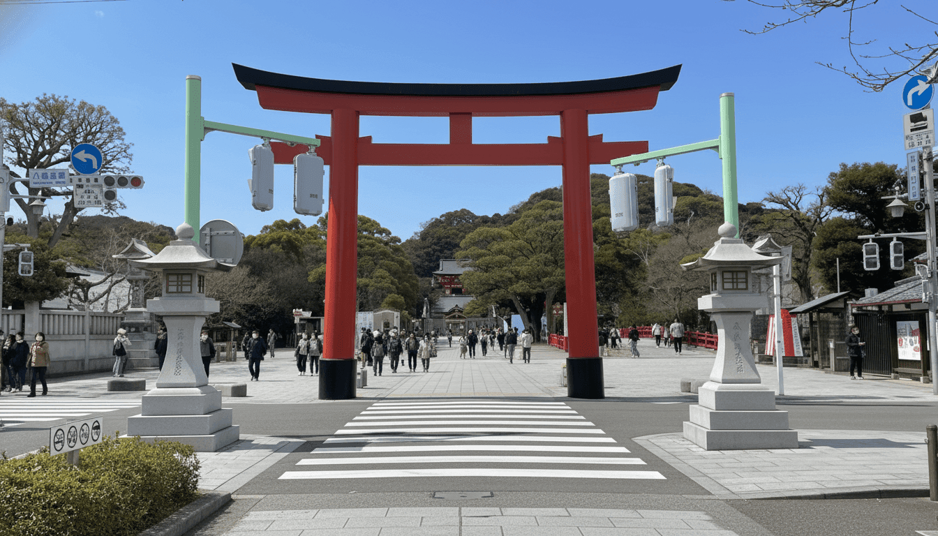 Tsurugaoka Hachimangu Shrine main hall and steps in Kamakura Japan