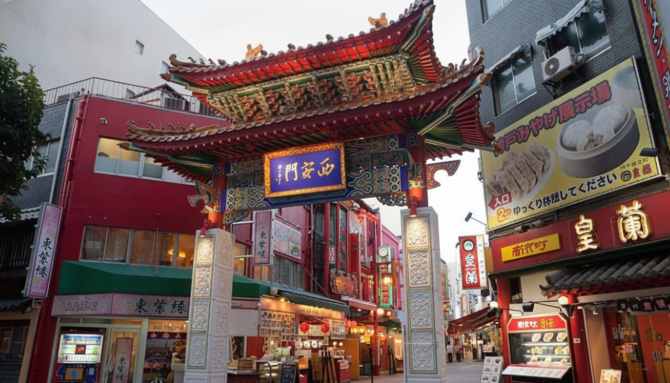 Red paifang gate and street food stalls in Kobe Chinatown Nankinmachi Japan