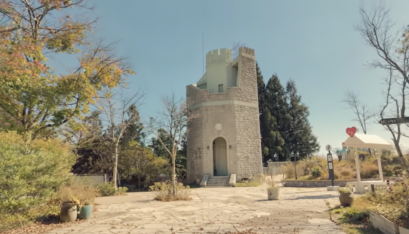 A stone observation tower near the Mount Rokko summit surrounded by autumn foliage