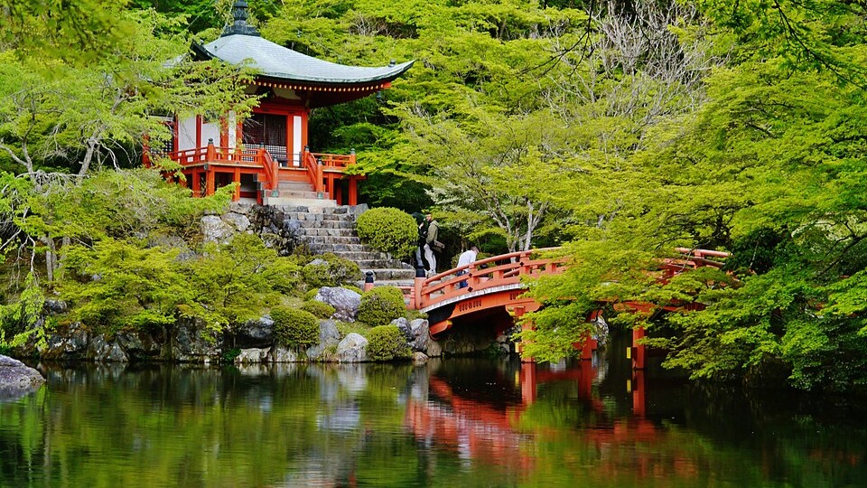 Sanbo-in Garden at Daigo-ji with stone arrangements and pond reflecting the surrounding temple architecture