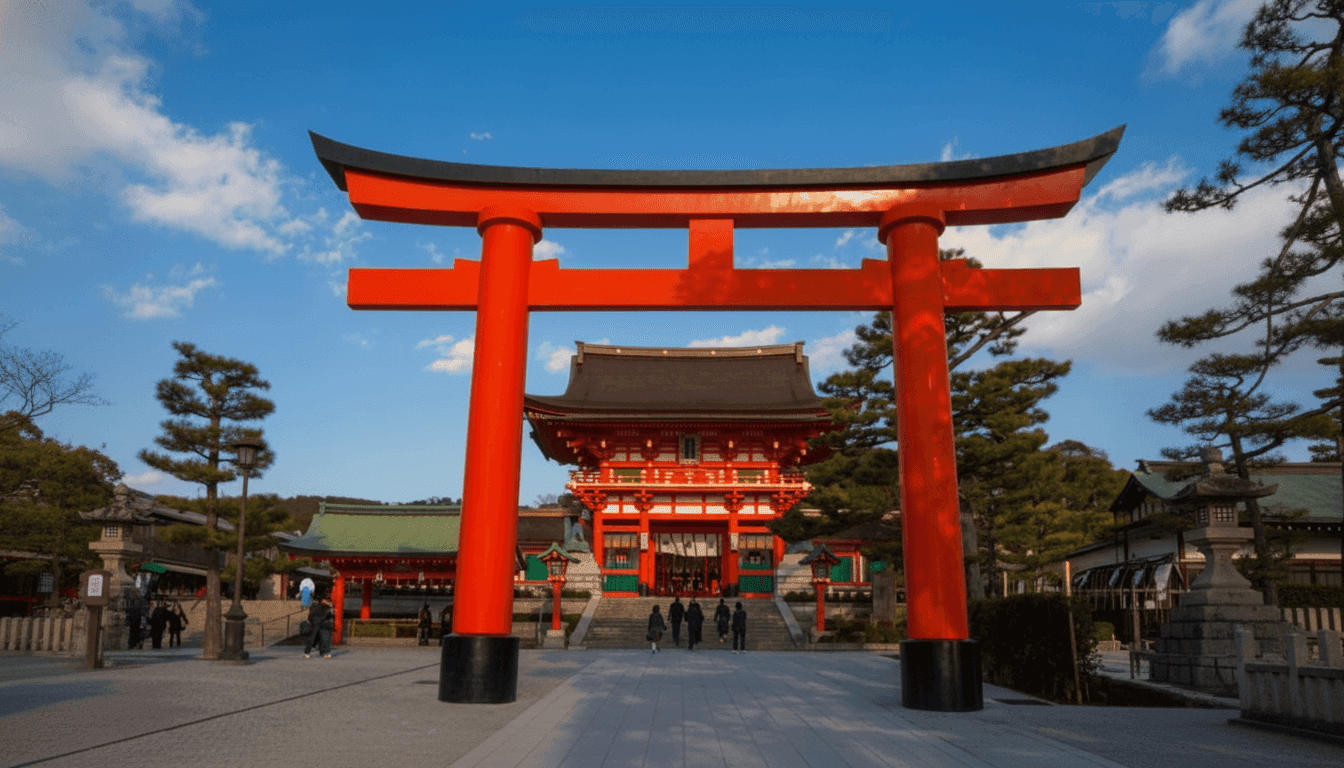 Thousands of vermilion torii gates winding up the forested mountain trail at Fushimi Inari Taisha, Kyoto