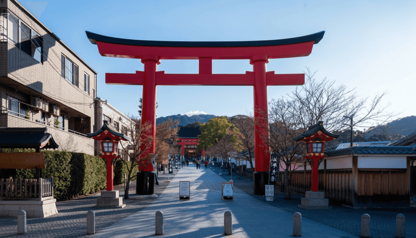Sunlight filtering through the dense vermilion torii gate tunnels of Fushimi Inari Taisha, Kyoto