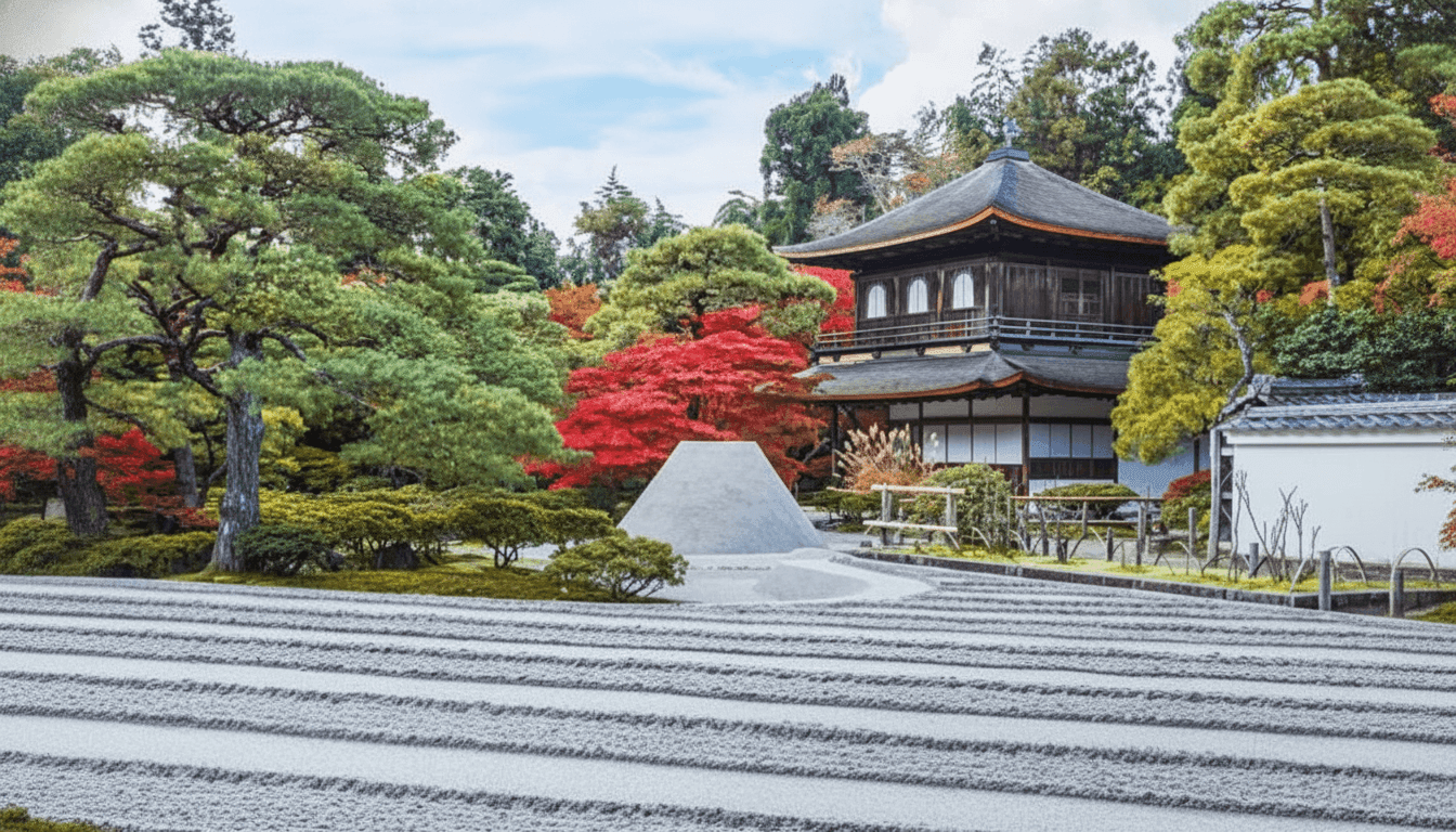 Ginkaku-ji Silver Pavilion reflected in the pond garden with the Kogetsudai sand mound in the foreground, Kyoto