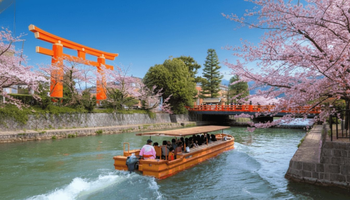 Massive vermilion torii gate at Heian Shrine rising above the wide ceremonial avenue in Okazaki district