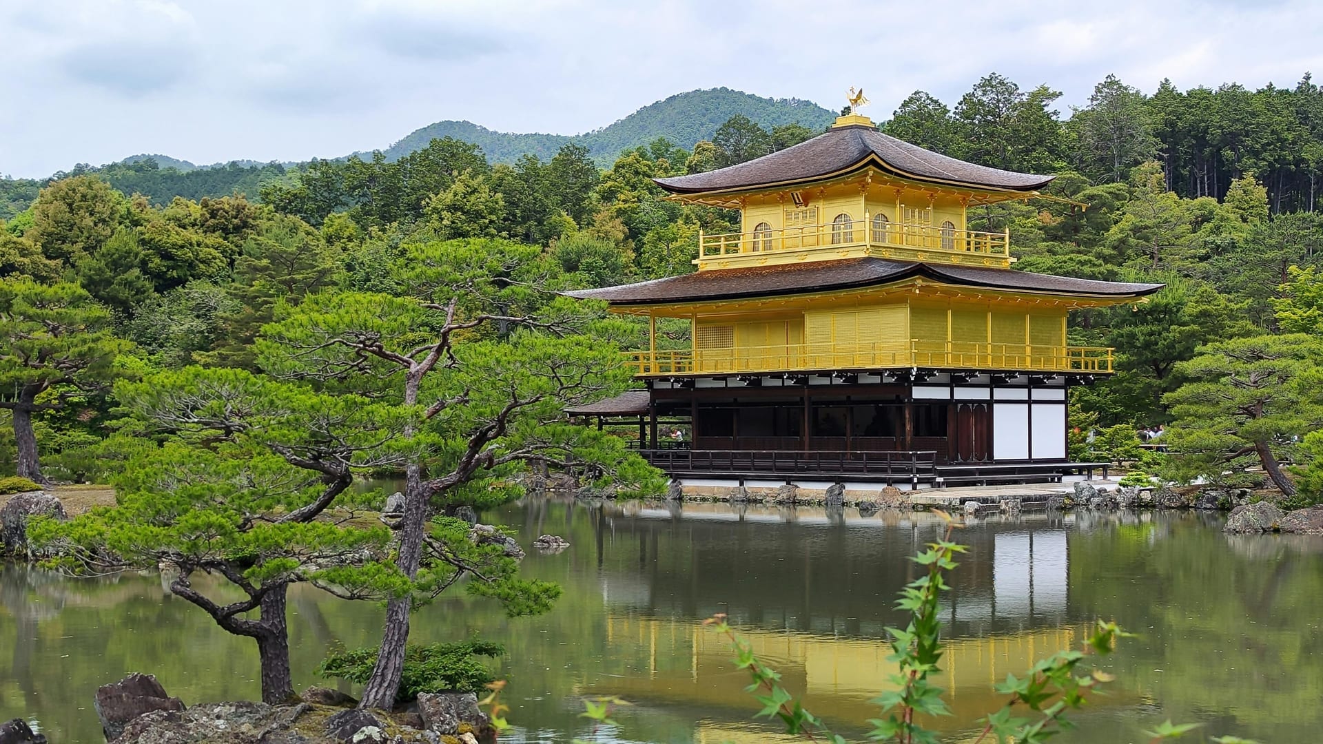 Kinkaku-ji Golden Pavilion reflected perfectly in Kyokochi Pond surrounded by pine trees and blue sky, Kyoto