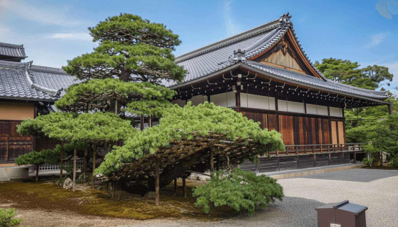 Traditional strolling garden pathways and pine trees surrounding Kinkaku-ji temple grounds, Kyoto