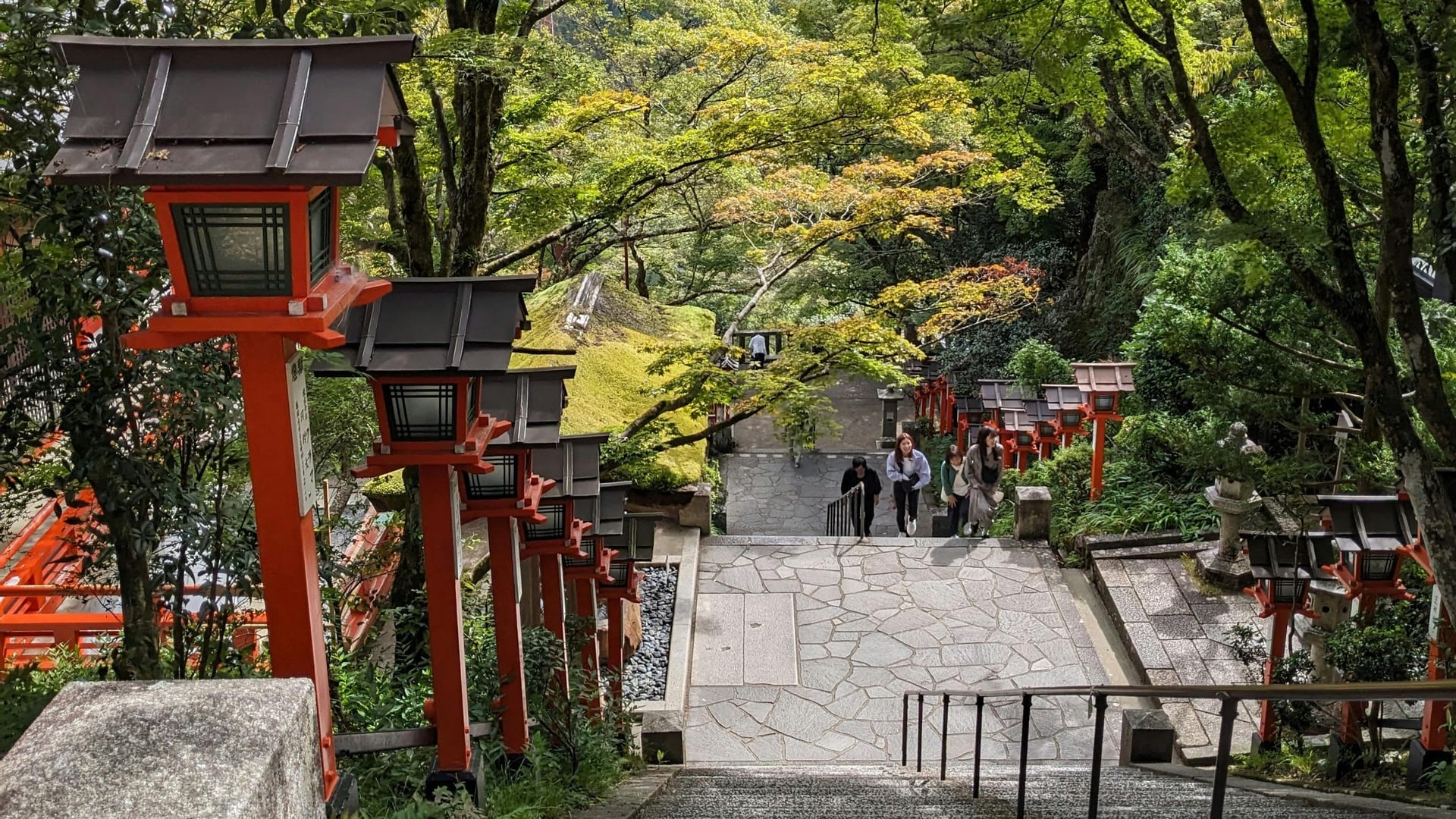 Kawadoko riverside dining platforms suspended over the Kibune River in the forested mountain valley