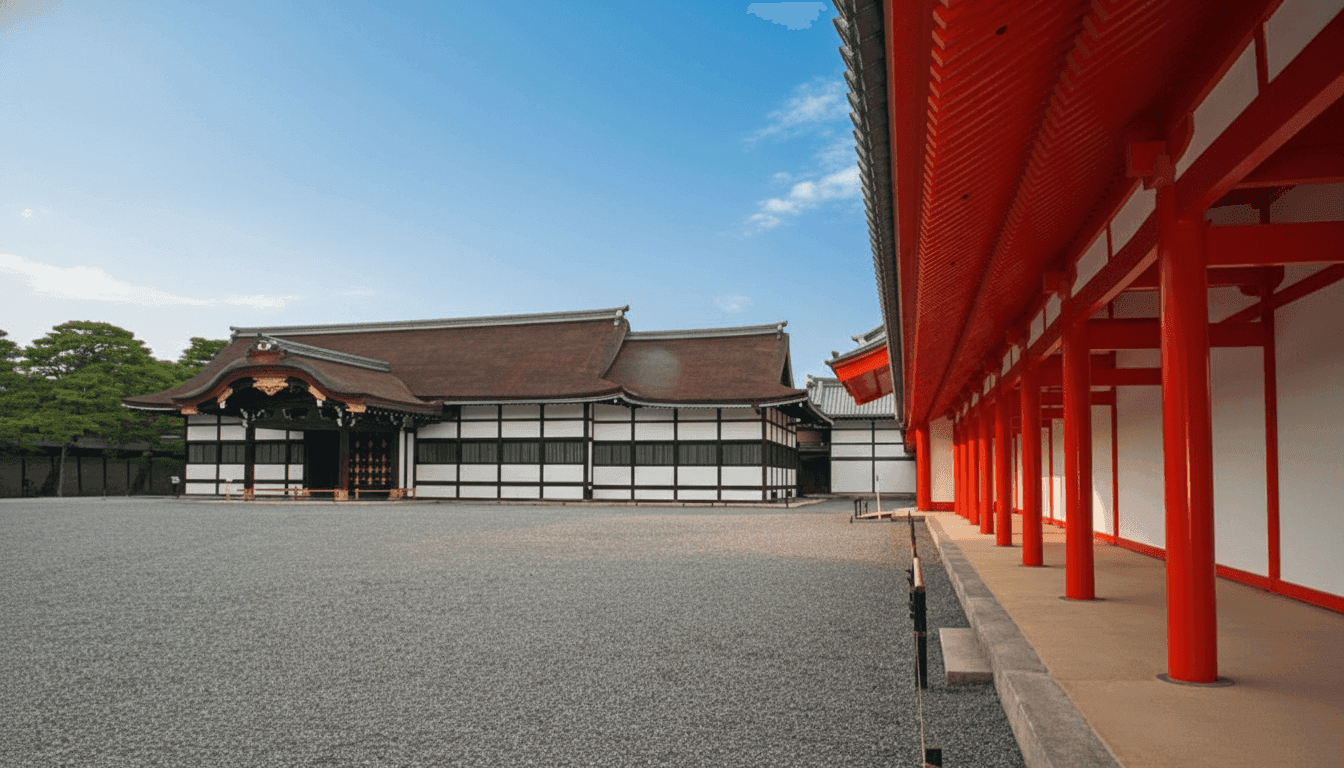 Shishinden Hall ceremonial building with cypress roof and formal courtyard at Kyoto Imperial Palace