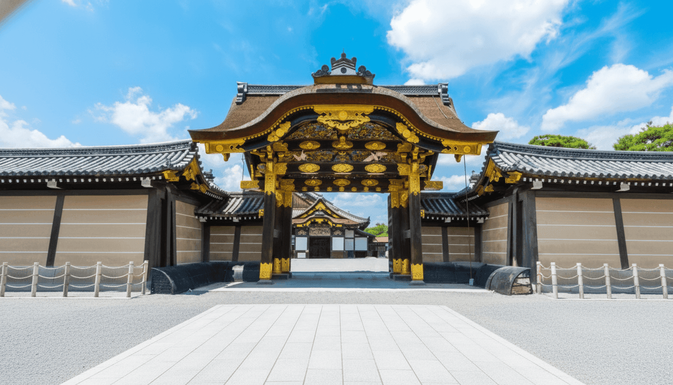 Nijo Castle Ninomaru Palace ornate gate and stone walls surrounded by cherry blossoms in central Kyoto