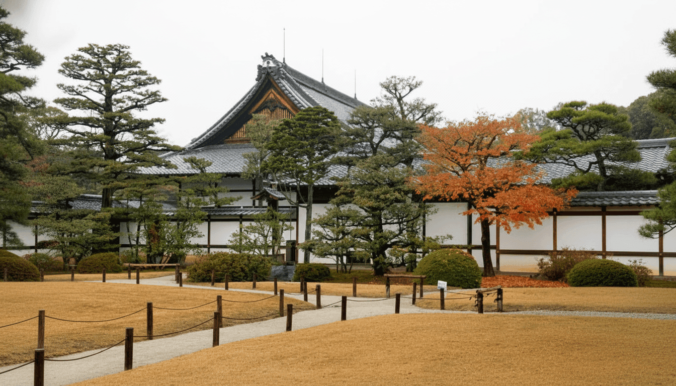 Ornate carved gate and fortified walls of Nijo Castle in Kyoto