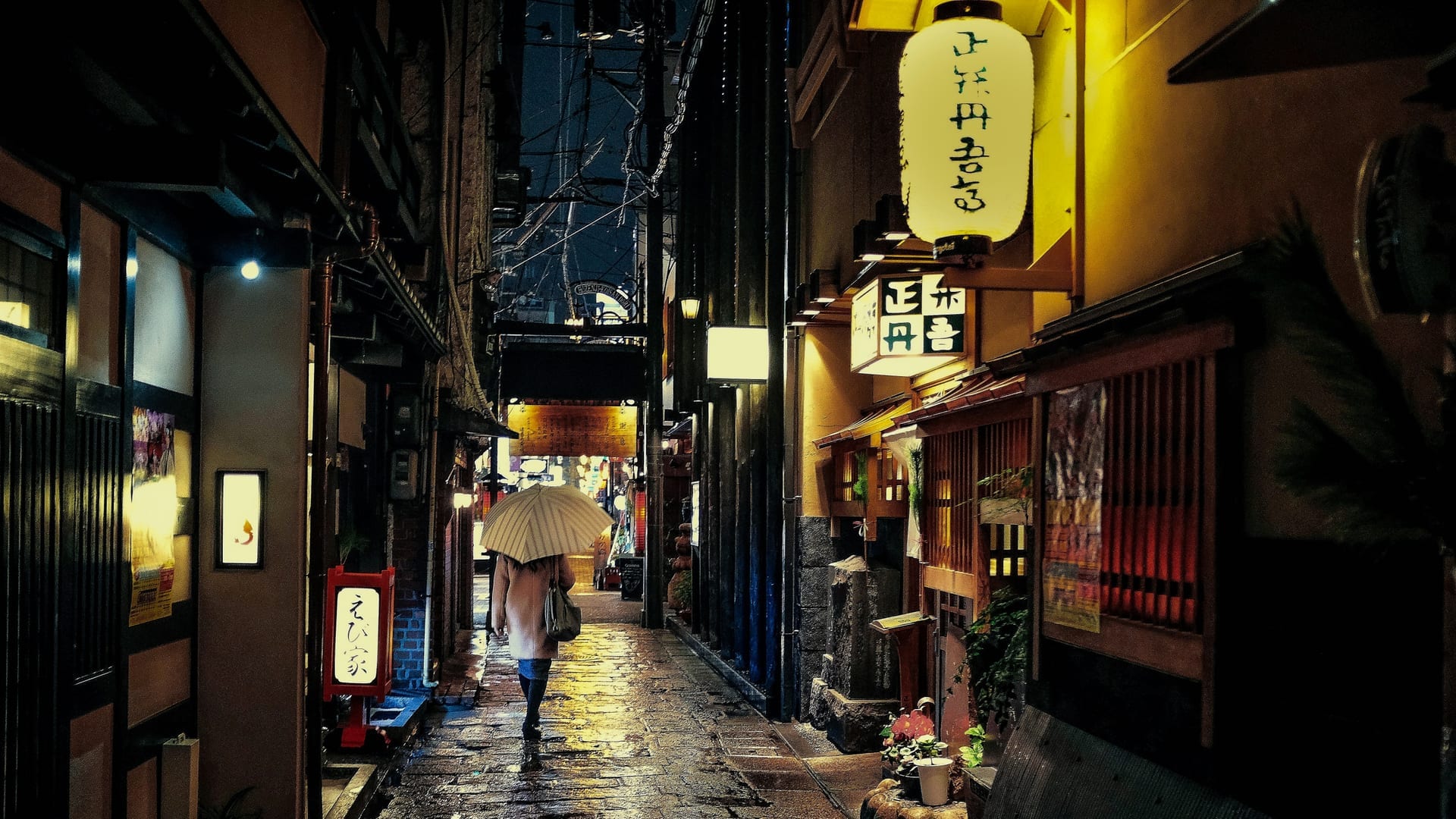 Traditional wooden buildings and paper lanterns lining Pontocho Alley at night