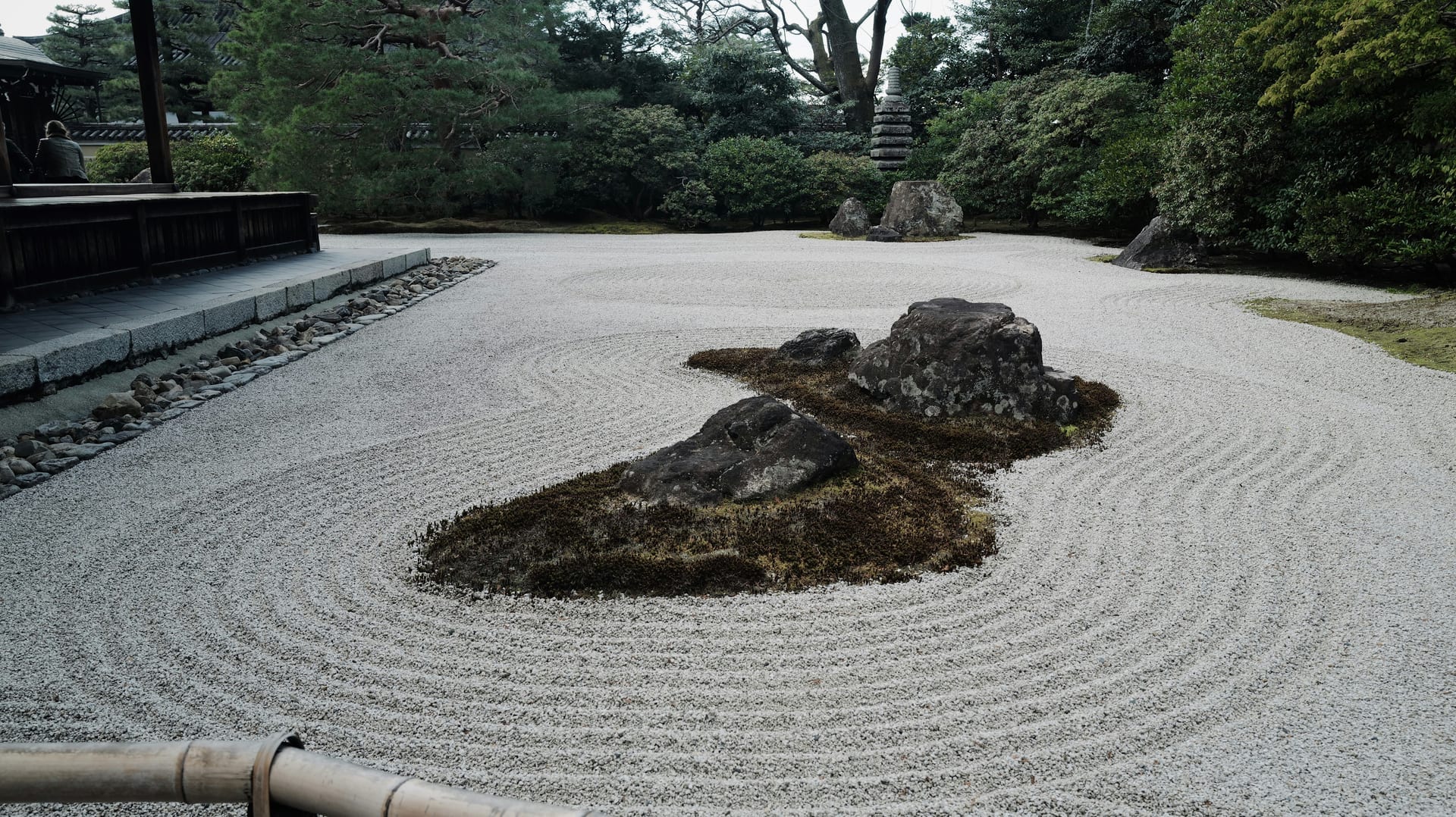 Ryoan-ji Temple karesansui rock garden with fifteen stones arranged in raked white gravel viewed from the veranda, Kyoto
