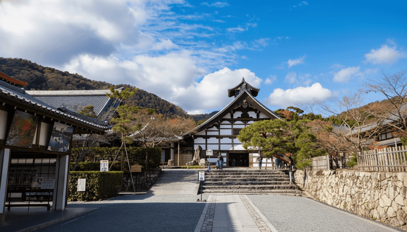 Tenryu-ji Temple entrance and main hall surrounded by moss gardens and stone pathways in Arashiyama