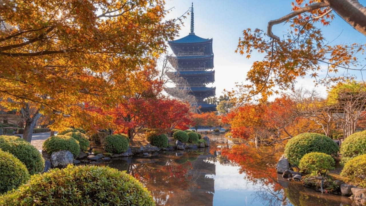 Toji Temple five-story wooden pagoda, Japan's tallest at 57 meters, rising above the surrounding grounds in southern Kyoto