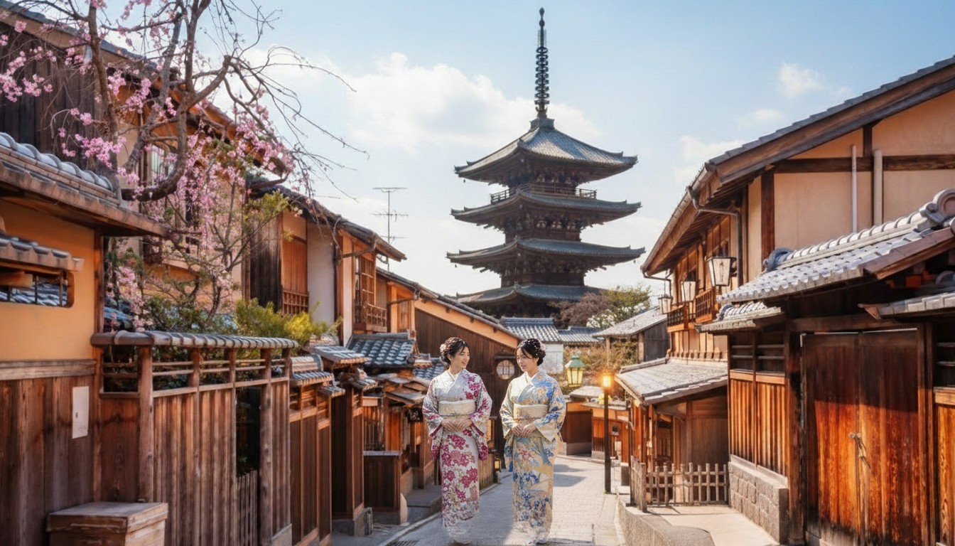 Yasaka Shrine lanterns glowing at night beside the Gion district in Kyoto