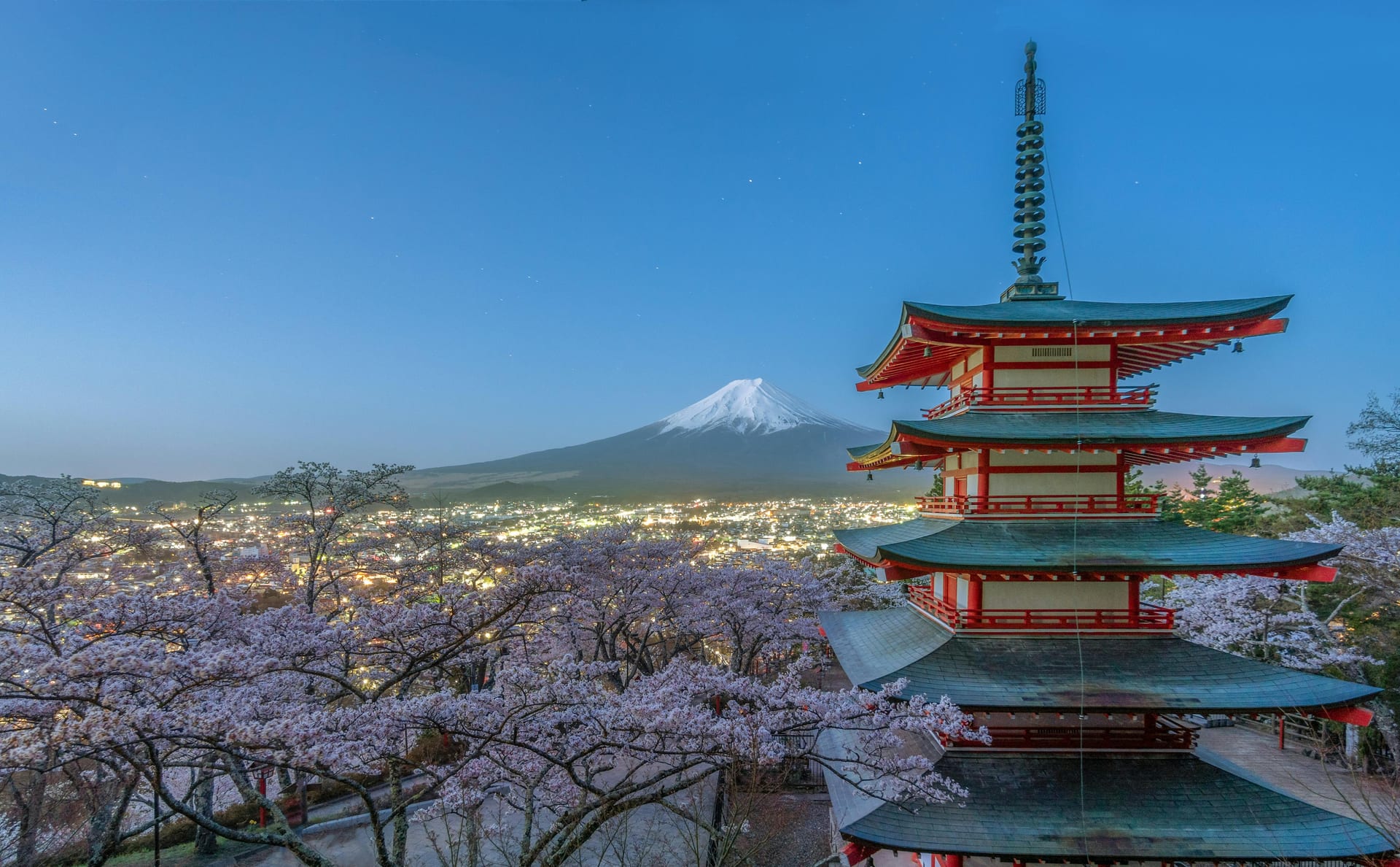 Chureito Pagoda five-story pagoda with Mount Fuji and cherry blossoms Japan