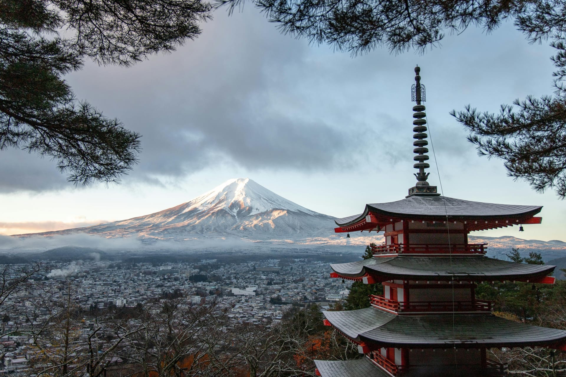 Chureito Pagoda viewed through cherry blossom branches with Mount Fuji behind