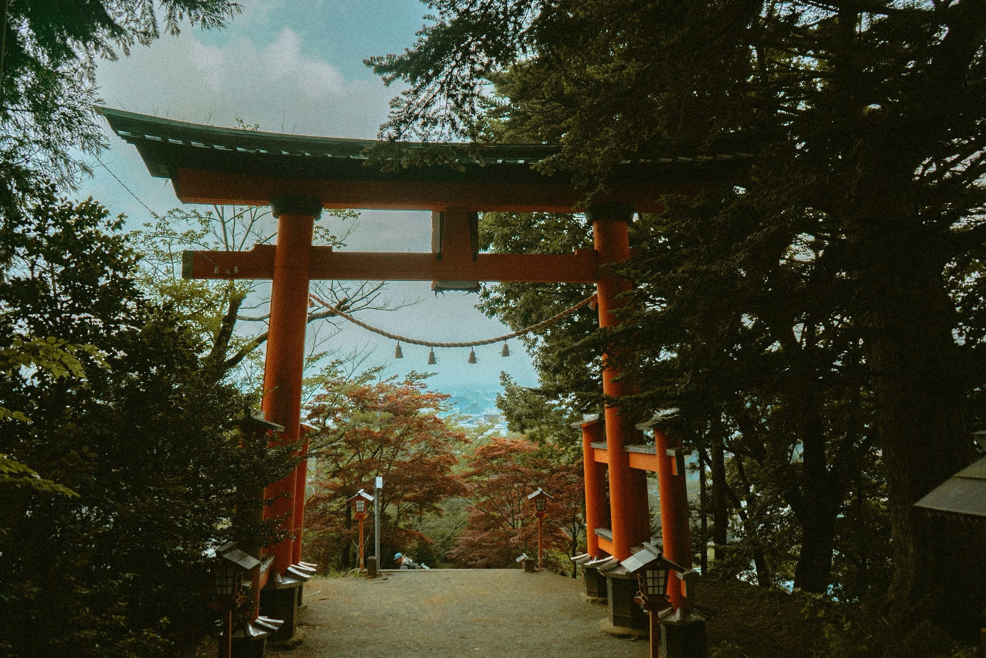 Chureito Pagoda five-story tower rising above the hillside with Mount Fuji visible