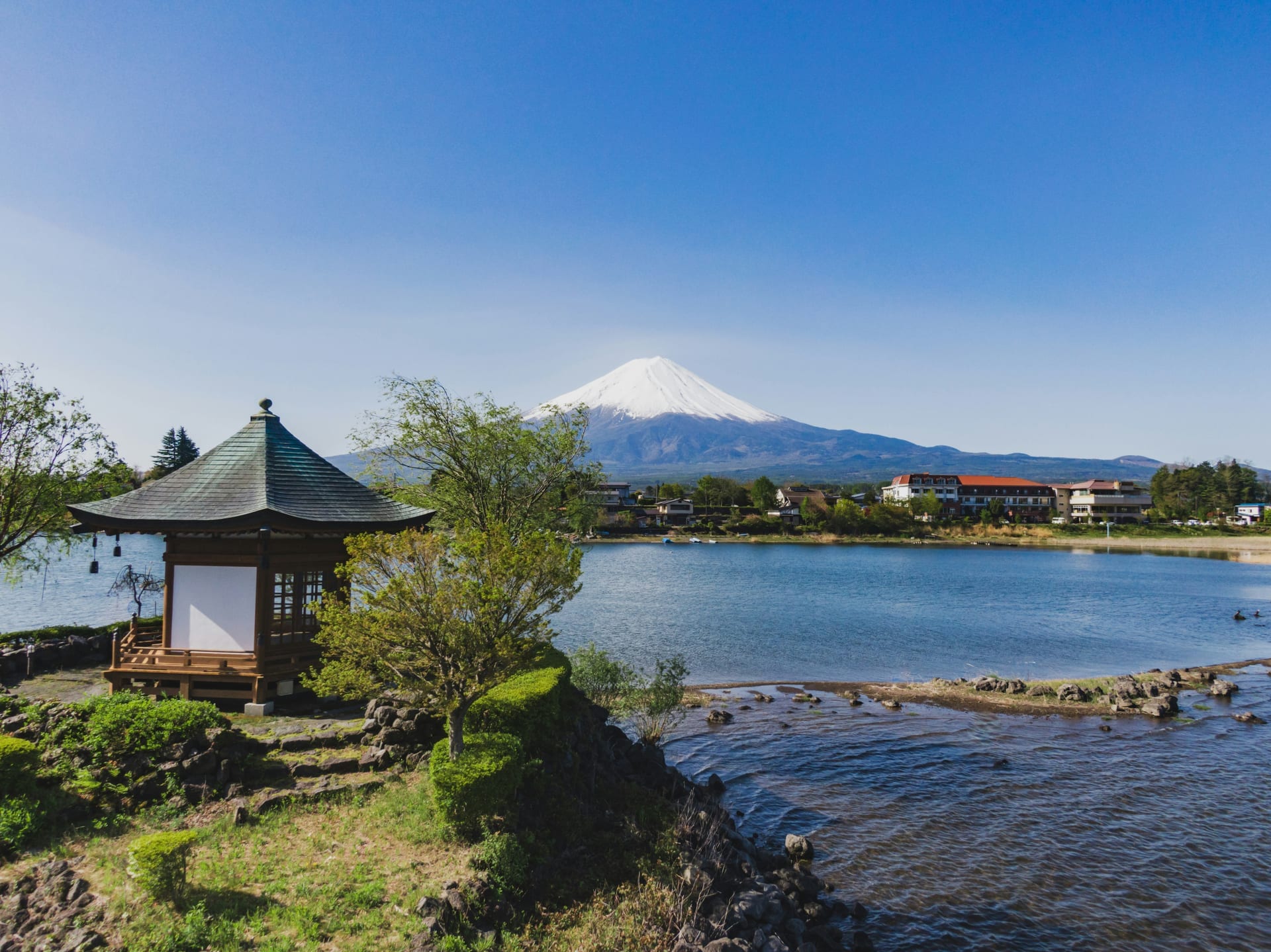 Lake Kawaguchiko Mt Fuji reflection calm water Yamanashi Japan