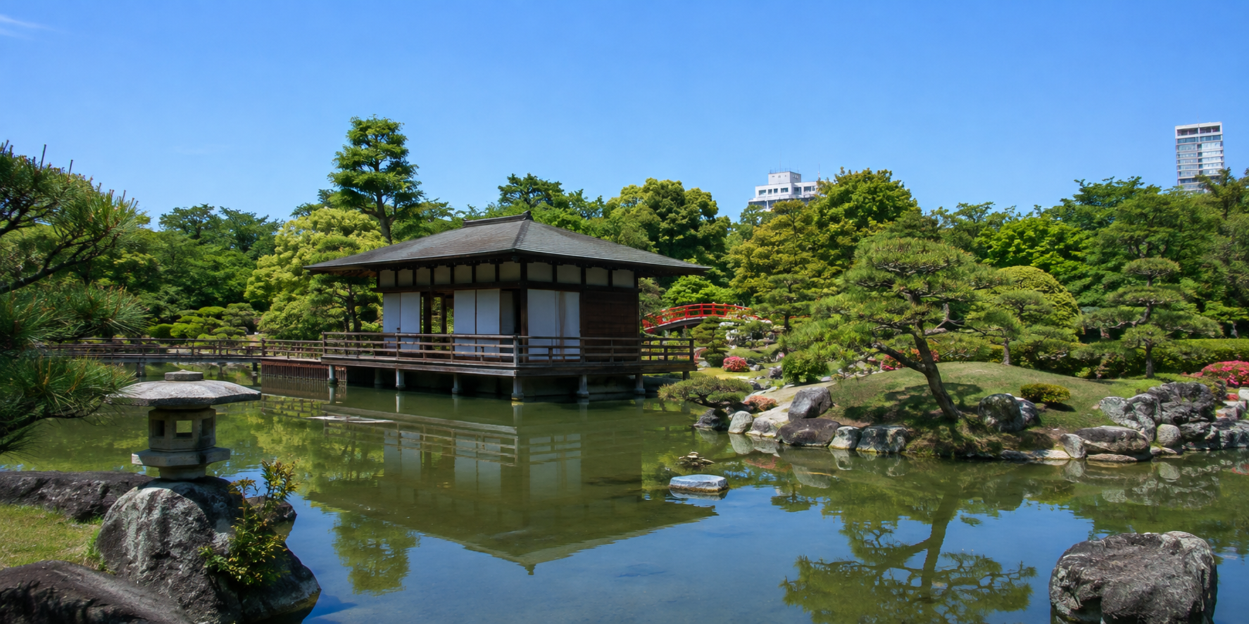 Pond and stream landscape at Shirotori Garden in Atsuta Ward, Nagoya