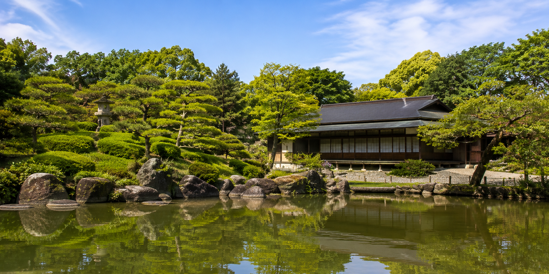 Pond and seasonal garden grounds at Tokugawa Garden (Tokugawaen) in Higashi Ward, eastern Nagoya