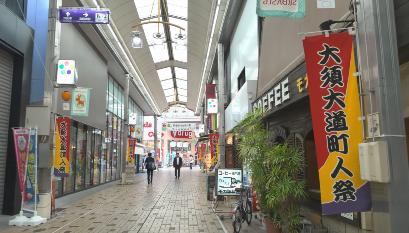 Nio-mon gate approach to Osu Kannon Temple lined with shops in Nagoya