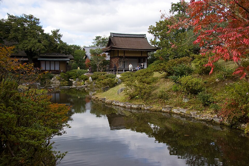 Isuien Garden with Nandaimon gate and Wakakusa hill in background Nara Japan