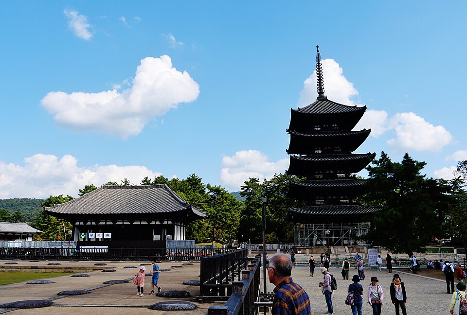 Kofuku-ji Temple five-story pagoda with autumn foliage Nara Japan