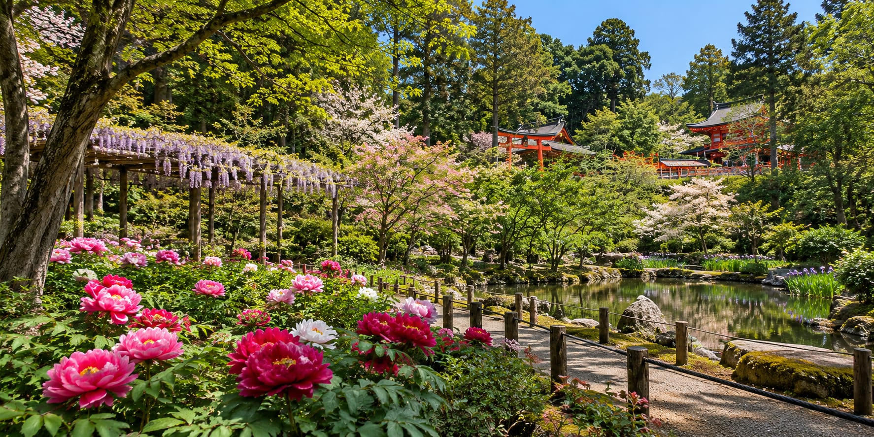 Wisteria trellises and peonies in bloom at Kasuga Taisha Man'yo Botanical Garden Nara Japan