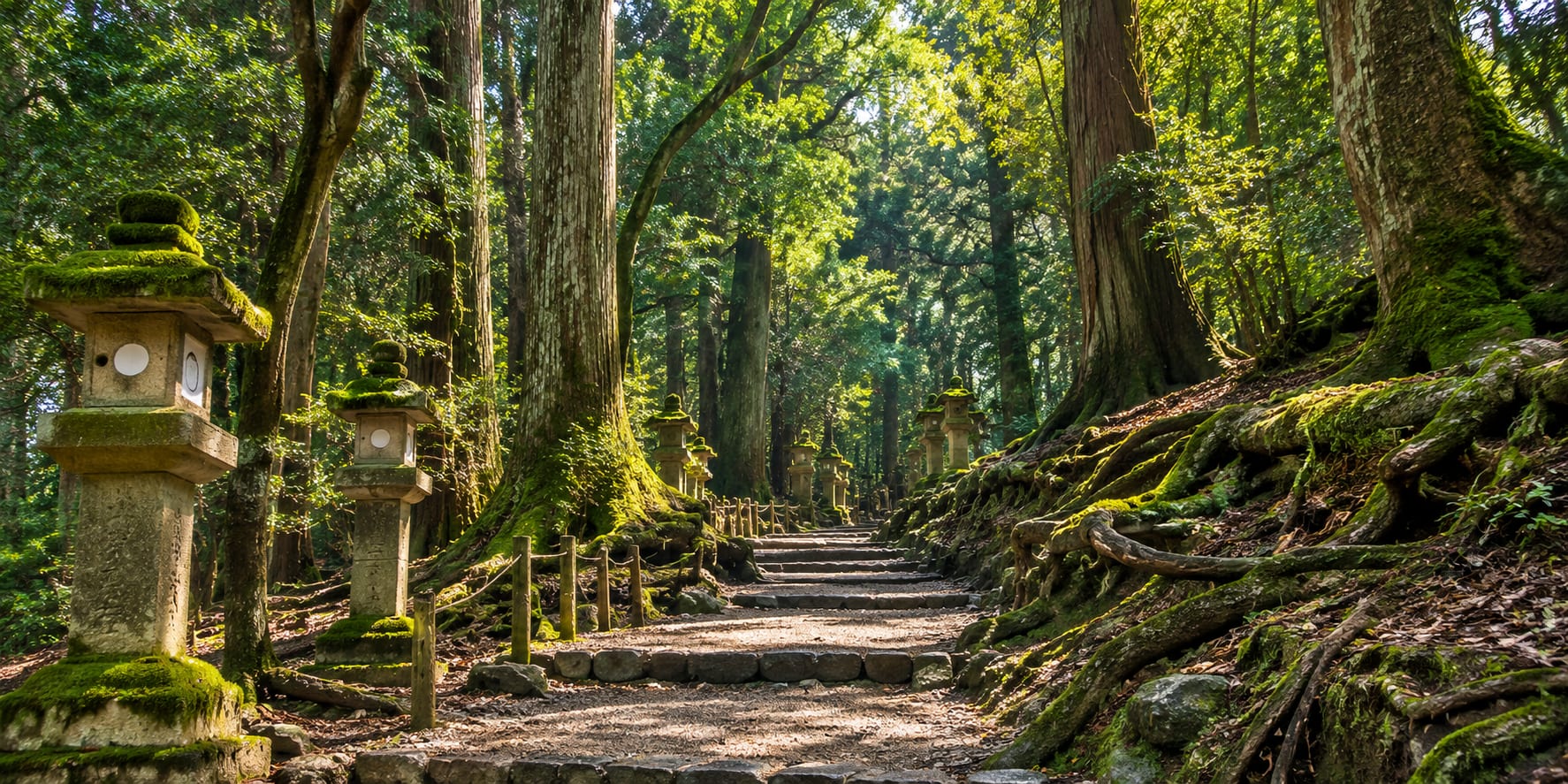 Moss-covered stone lanterns lining ancient cedar forest path in Mt. Kasuga Primeval Forest Nara Japan