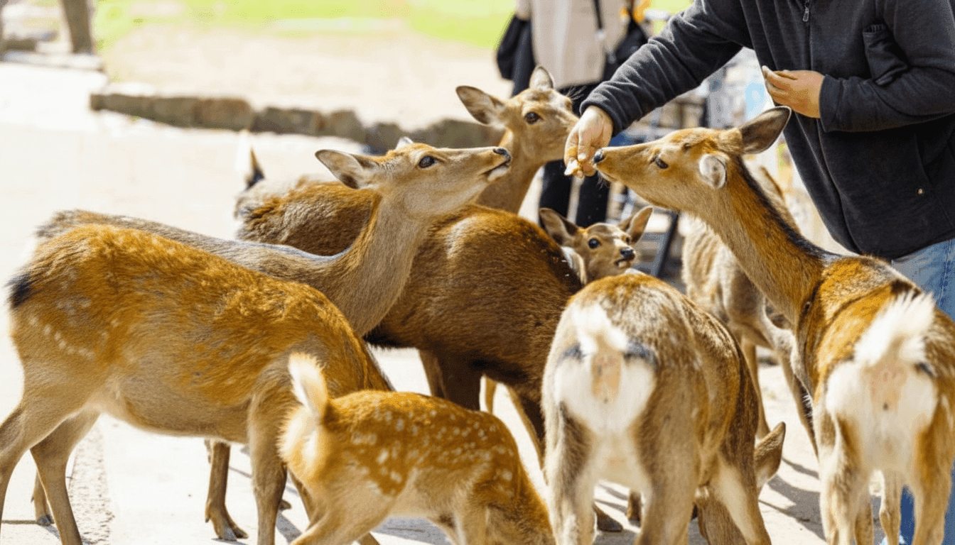 Nara Park wide open landscape with free-roaming sika deer Japan
